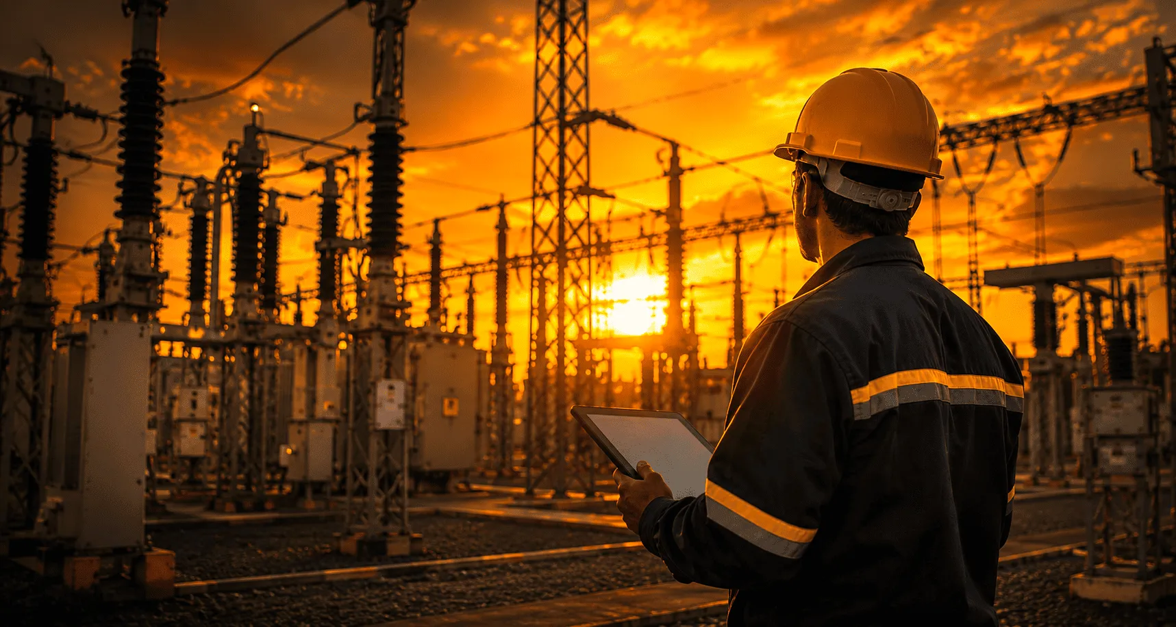 Técnico com capacete inspecionando uma subestação elétrica ao entardecer
